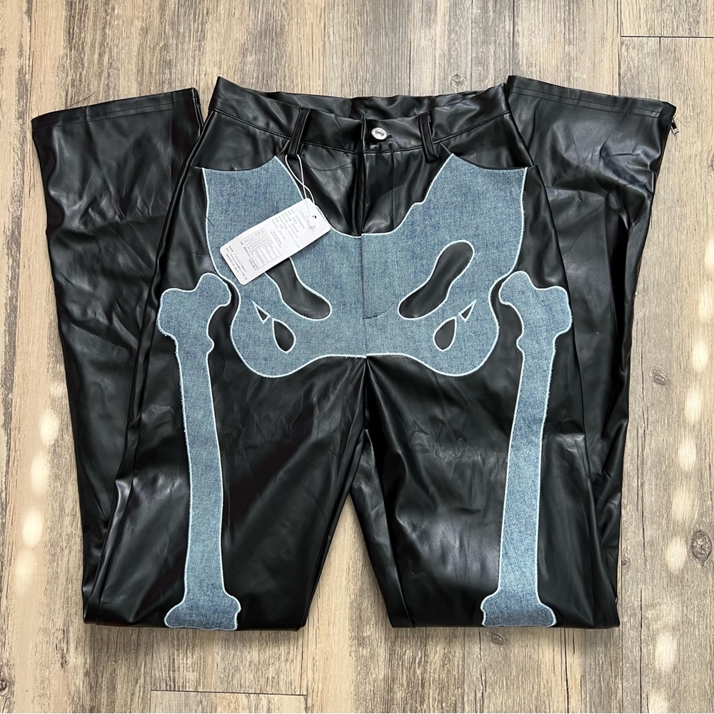 ❌SOLD❌ Black Leather Straight Leg Pants With Destroyed Denim Design